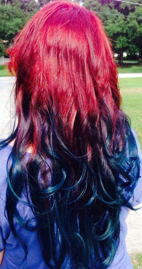 My new red to blue ombre 💙💙💙 Red To Blue Ombre Hair, Red Hair Blue Highlights, Red Hair With Blue Tips, Blue To Red Hair, Red And Blue Hair Ombre, Red Hair With Blue Highlights, Red And Blue Hair, Blue And Red Hair, Hair Recipes