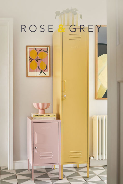 Keep your hallway tidy with Mustard Made lockers. These colourful retro metal lockers offer practical storage solutions. Different sized lockers compliment each other. Glasgow Apartment, Locker Ideas, Mustard Made, Ikea Inspiration, Storage Lockers, Staff Room, Steel Locker, Metal Lockers, Hallway Storage