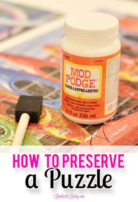 This tutorial on how to preserve a puzzles uses a simple glue-type formula (Mod Podge) to stick the puzzle pieces together permanently. Great to use for hanging/framing a puzzle! Puzzle Modge Podge, Glueing A Puzzle Together, How To Preserve A Puzzle, Glue Puzzle Together Diy, Puzzle Glue Diy, How To Glue A Puzzle Together, How To Frame A Puzzle Diy, How To Glue A Puzzle For Framing, How To Frame A Puzzle