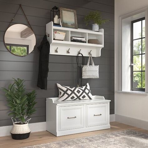 Kathy Ireland Home by Bush Furniture Kathy Ireland® Home By Bush Furniture Woodland 40W Entryway Bench With Shelves And Wall Mounted Coat Rack In White Ash - Wayfair Canada Vertical Shelves, Bench With Doors, Door Bench, Hall Tree Bench, Shoe Storage Bench, Entryway Organizer, Coat Rack Shelf, Take Off Your Shoes, Entryway Storage