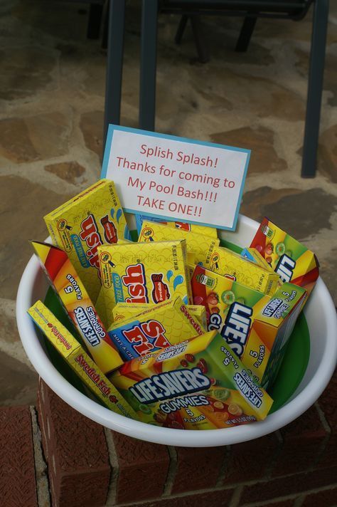 Swimming Party Theme, Pool Birthday Party Goodie Bags, 5th Birthday Pool Party Ideas Boy, End Of School Pool Party Ideas, Waterpark Themed Birthday Party, Pool Birthday Party Food, Pool Party Party Favors, Water Slide Party Ideas, Pool Party Goodie Bag Ideas