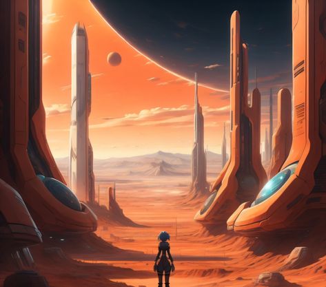 Mars planet civilization Sci Fi Planet, Mars Planet, Planet Mars, Another Planet, Red Planet, Girl Standing, Futuristic City, Mars, A Girl