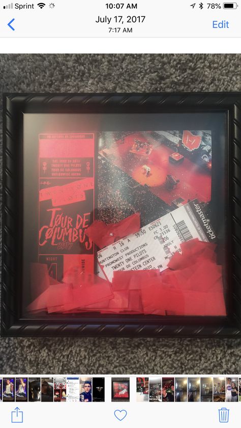 TDC shadows hox Concert Confetti Display Ideas, Concert Shadow Box Ideas, Concert Ticket Display, Concert Confetti, Ticket Display, Storage Corner, Twenty One Pilots Aesthetic, Concert Ticket, Ben Hardy