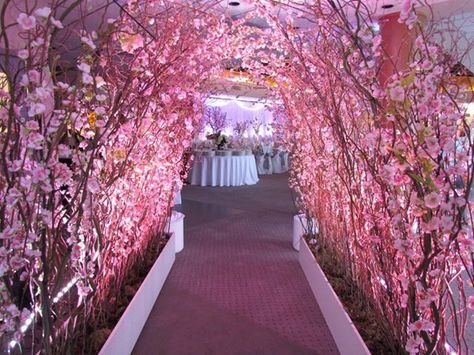 Eco-friendly Event Decor Tips: Use live plants to dress the event venue. It is eco-friendly because you can rent live plants from a local greenhouse and return them after the event. Ariana Wedding, Cherry Blossom Wedding Decor, Branch Arch Wedding, Blossom Tree Wedding, Cherry Blossom Wedding Theme, Cherry Blossom Party, Sakura Wedding, Hotel Canopy, Cherry Blossom Theme