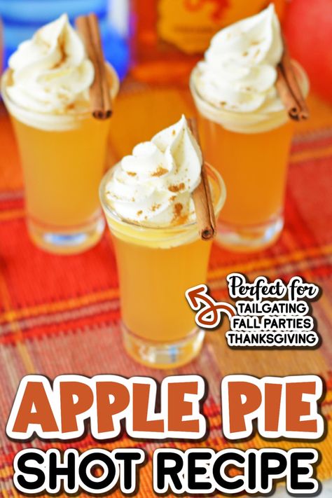 These easy apple pie shots are the perfect sweet treat to get your fall parties started. Boozy and delicious, they taste exactly like a freshly baked slice of apple pie, and they even include the whipped cream! Apple Pie Shots Recipe, Pie Whipped Cream, Caramel Apple Shots, Apple Pie Shots, Mini Cocktails, Apple Pie Drink, Thanksgiving Apple Pie, Apple Pie Cocktail, Shooter Recipes