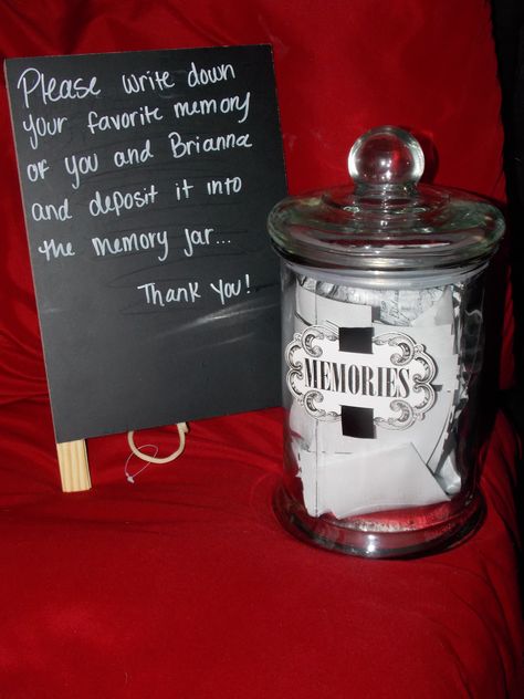 "The Memory Jar"  My mom made for my graduation party, everyone put there favorite memory of me in it. Senior Graduation Party, Graduation Party High, Sweet 17, Graduation Party Diy, Memory Jar, Graduation Party Planning, 90's Birthday Party, High School Graduation Party, Sweet 16 Birthday Party