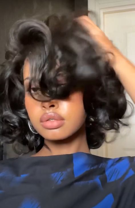 Short Curly Wet Hair Look, 90s Fluffy Bob Black Women, Silk Press With Volume, Silk Press Haircut, 90s Blowout Bob Black Women, Blowout Bob Hair, Medium Relaxed Hair, Sew In Short Hairstyles Black Women, Silk Press Natural Hair Side Part