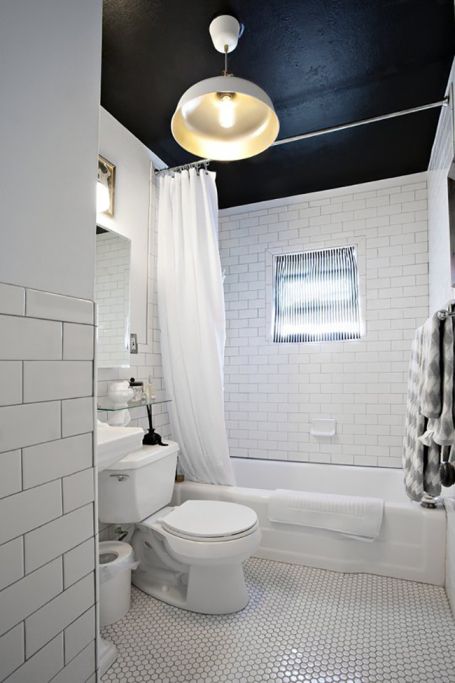 Painted ceiling inspiration: Dark Ceiling Bathroom White Bathroom Black Ceiling, Shower With Tiled Ceiling, Sears Craftsman Houses, Shaker Rail, Dark Ceilings, Penny Tiles, Tile Window, Best Bathroom Colors, Ceiling Paint Colors