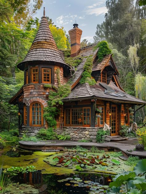 Studio Ghibli Fantasy Fairytale House Studio Ghibli Architecture, Studio Ghibli House, Storybook Style Homes, Architecture Magazine Cover, Magical Forest Background, Ghibli House, Pond With Lily Pads, Fairytale Homes, Landscape Studies