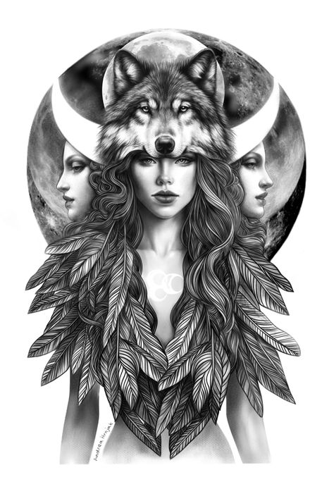 Hecate Goddess Tattoo Design, Hecate Goddess Art, Goddess Art Drawing, Hecate Art, Tato Setengah Lengan, Wolf Goddess, Mother Son Tattoos, Hecate Goddess, Trippy Designs