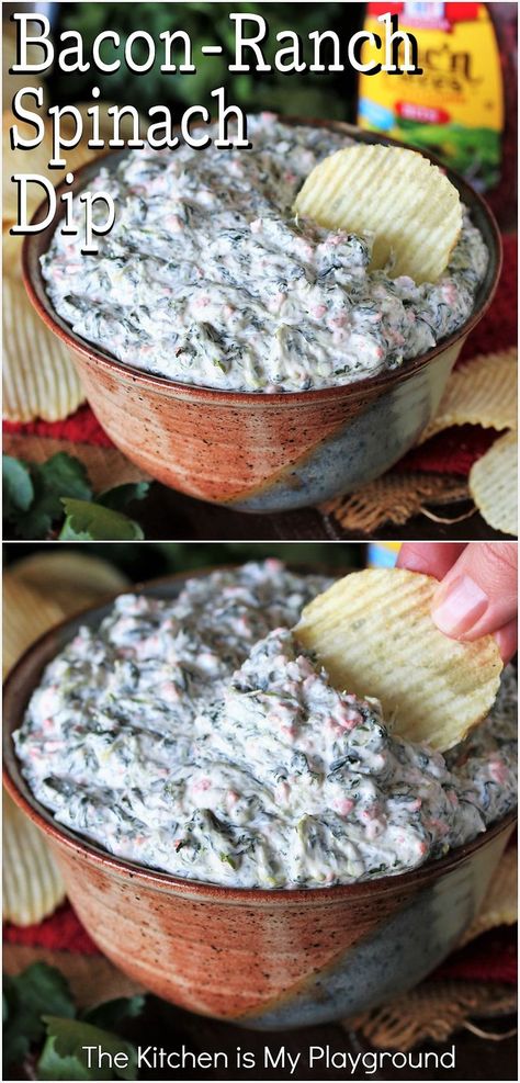 Bowl of Bacon-Ranch Spinach Dip Spinach Bacon Dip, Semi Healthy Snacks, Bacon Spinach Dip, Hidden Valley Ranch Recipes, Food Rocks, Spinach Dip Recipe, Entertaining Food, Bacon Dip, Appetizer Sandwiches