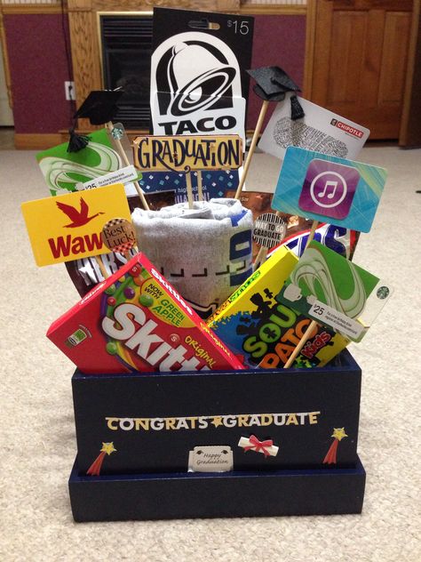 Grad Gift Basket Ideas For Guys, Senior Present Ideas, Graduation Boy Gifts, Grad Present Ideas, Graduation Basket Ideas For Guys, Boy Graduation Gifts, High School Graduation Gift Basket, Graduation Present Ideas, Graduation Gift Basket Ideas