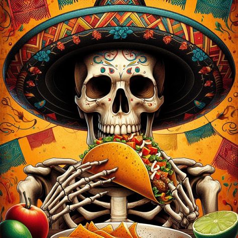 Mexico Art Culture, Ndn Tacos, Skull Mexican Art, Mexican Mural Art, Cultural Paintings, La Catrina Art, Sugar Skull Art Painting, Mexican Street Vendors Art, Mexican Skeleton Art