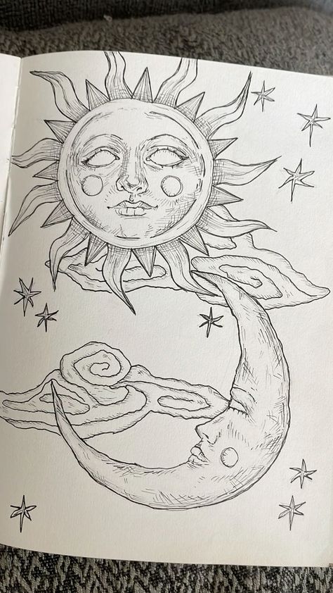 Drawing Ideas Moon And Stars, Moon Art Pencil, Weird Moon Drawing, Easy Beginner Drawing Ideas, Milky Way Drawing Simple, Moon And Sun Sketch, Classic Drawing Sketch, Soul Drawing Sketch, God Drawing Sketch