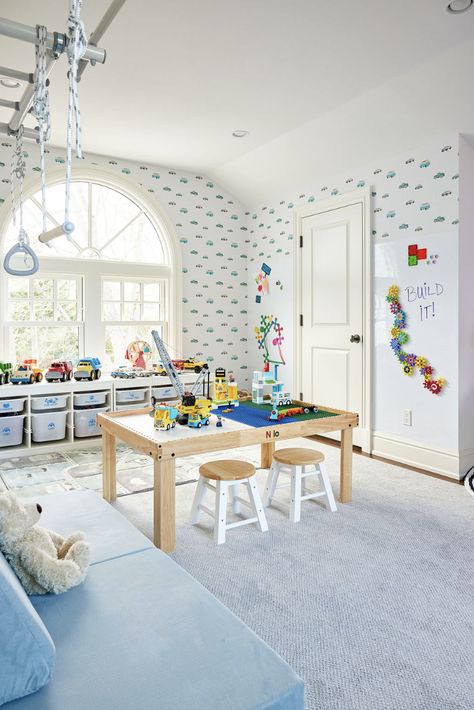 Greenwich Play -the authority on purposeful playrooms Main Level Playroom, Large Playroom Layout, Rectangle Playroom Layout, Awesome Playroom Ideas, Main Floor Playroom, Playroom 1 Year, Large Playroom Ideas, Playroom Zones, Large Playroom Ideas Layout