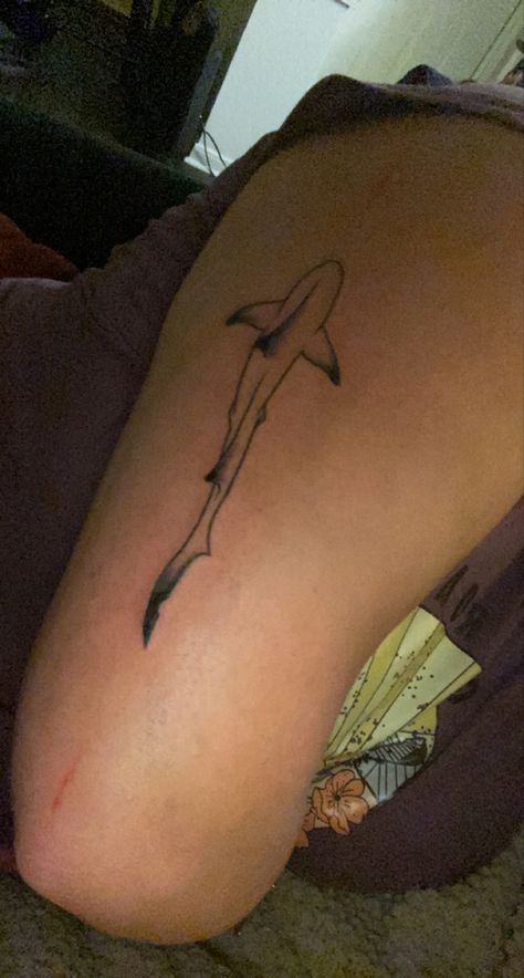 Shark Tattoo On Calf, Side Shark Tattoo, Shark Forearm Tattoo Men, Sea Life Spine Tattoo, Shark Tattoos Simple, Underfoot Tattoo, Shark Spine Tattoos For Women, Blacktip Shark Tattoo, Fineline Shark Tattoo