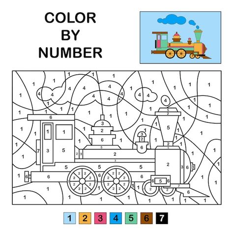 Colour in the numbers on the train educa... | Premium Vector #Freepik #vector #kids-puzzle #worksheet #kids-game #school-activity Cardboard Train, Train Crafts, Fruit Coloring, Puzzle Worksheet, First Grade Art, Train Drawing, Fruit Coloring Pages, Color Puzzle, Colouring Page