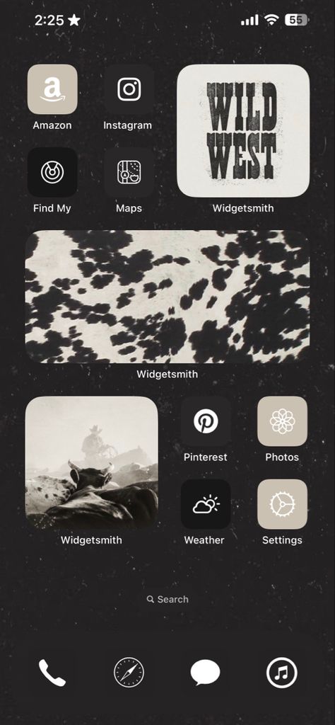 Dark wallpaper with lighter western widgets. Western style Home Screen layout. Western Home Screen Aesthetic, Western Phone Layout, Home Screen Wallpapers Western, Western Aesthetic Home Screen, Western Iphone Theme, Western Grunge Aesthetic Wallpaper, Western Iphone Layout, Western Home Screen Wallpaper, Western Phone Aesthetic