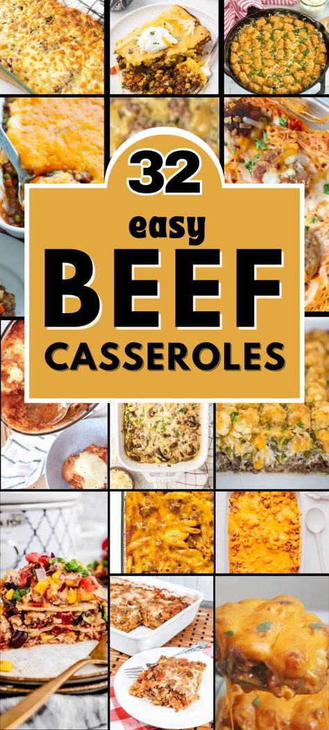 Collage of beef casseroles, featuring a variety of cheesy, baked dishes with ground beef, vegetables, and pasta, all served in different casserole dishes. Each meal looks hearty, flavorful, and perfect for a family dinner. casserole recipes | easy casserole recipes | quick casserole recipes | beef casseroles | easy dinner | quick dinner for busy nights | fast dinner Beef Supper Ideas Main Courses, Meat Casserole Recipes For Dinner, Simple Hamburger Meals, Simple Beef Casserole Recipes, Hamburger Meat Casseroles Dinner Ideas, Easy Quick Beef Recipes, Quick Recipe With Ground Beef, Hamburger Recipes For A Crowd, Ground Beef Dinner Casserole