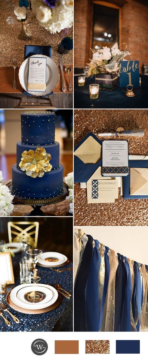 gold and navy blue wedding color combination ideas Gold And Navy Blue Wedding, Navy Blue And Gold Wedding, Blue And Gold Wedding, Wedding Color Combinations, Wedding Color Scheme, Starry Night Wedding, Wedding Navy, 2017 Trends, Wedding Color Combos