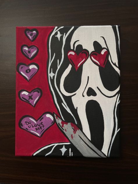 Halloween Drawings For Boyfriend, Ghost Face Valentines Day, Scream Movie Painting, Scream Painting Easy, Ghostface Valentines Day, Scream Canvas Painting, Scream Painting Aesthetic, Scream Painting Ideas, Scream Drawing Easy