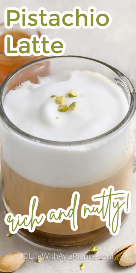 pistachio latte in a cup with a title Pistachio Coffee Syrup, Pistachio Latte Recipe, Pistachio Coffee, Pistachio Latte, Pistachio Syrup, Copycat Starbucks Drinks, Peach Muffins, Copycat Starbucks, Starbucks Drink