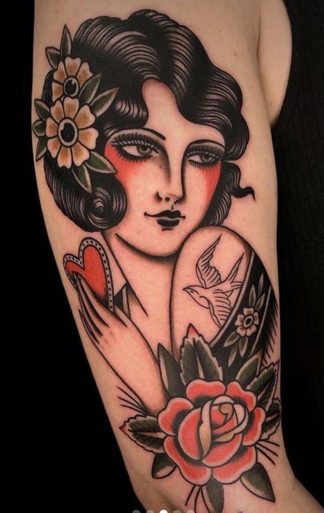 Ladyhead Tattoo Traditional, American Traditional Women Tattoo, American Traditional Girl Tattoo, Lady Portrait Tattoo, Hand Tattoo Traditional, Traditional Tattoo Face, Traditional Portrait Tattoo, Traditional Girl Tattoo, Traditional Lady Head Tattoo