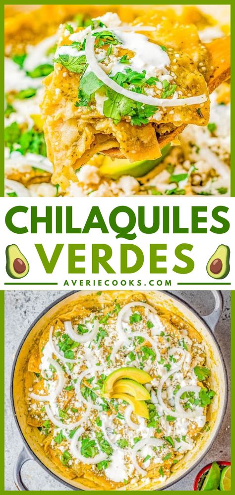 Chilaquiles Verdes Salsa Verde Eggs, Chilequilles Verdes Recipe, Chilaquiles Verdes Recipe, Easy Chilaquiles, Tomatillo Recipes, Salsa Verde Chicken Enchiladas, Chicken Chilaquiles, Spanish Breakfast, Chile Salsa