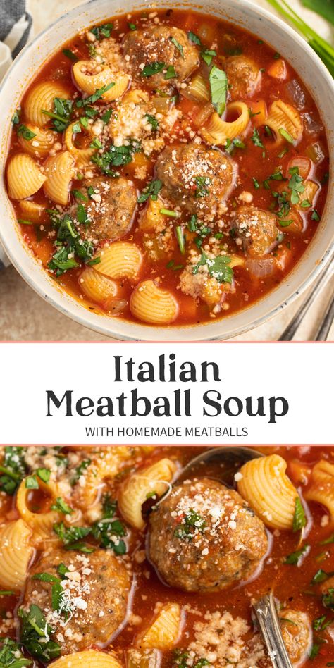 Incredible Italian meatball soup takes homemade Italian meatballs and combines them with tender pasta, fresh veggies, and a flavorful tomato broth for a hearty, satisfying soup that's super easy to make. Great for cooler weather and busy evenings. Italian Meatball Tortellini Soup, Mini Meatball Soup Recipes, Fast And Easy Soup Recipes, Italian Meatball Soup, Homemade Italian Meatballs, Italian Soup Recipes, Pasta Fresh, Italian Meatball, Fall Soup