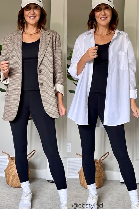 Leggings Trainers Outfit, Professional Outfit Leggings, Bootcut Leggings Outfit Summer, Legging Professional Outfit, Long Shirt And Leggings Outfit, Leggings With Shirt Outfit Ideas, Smart Casual Leggings Outfit, Black Leggings Spring Outfit, Shirts And Leggings Outfit