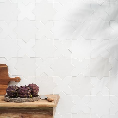 Parma White Polished Star and White Matte Cross 6" Terracotta Look Porcelain Tile | Tilebar.com Cross Tile, Star Tile, White Kitchen Tiles, Backsplash Wall, White Bathroom Tiles, Polished Porcelain Tiles, Traditional Tile, Star Cross, White Polish