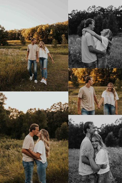 Black Top And Jeans Engagement Photos, Couples Field Photoshoot Outfits, Engagement Pictures Mens Outfit, Fall Engagement Shoot Outfit Ideas, Neutral Color Engagement Outfits, Engagement Photos Outfit Inspiration, Summer Engagement Outfit Ideas, Black Shirt Engagement Pictures, Engagement Outfits Jeans