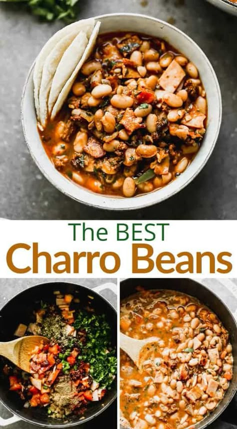 Mexican Charro Beans, Chorizo Chili, Charro Beans, Pinto Bean Recipes, Cowboy Beans, Vegan Meat, Meat Alternatives, Bean Pot, Bean Stew