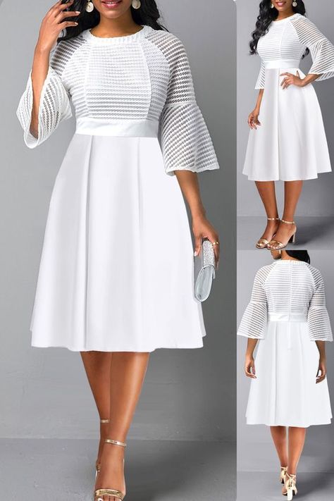 This white dress has a unique design with mesh, hole, and patchwork features. It's knee-length with three-quarter sleeves and a round neckline, perfect for work in autumn or spring. Made of 97% polyester and 3% spandex, it can be washed by hand or machine. #workwear #workwearstyle #workwearfashion #officewear #workclothes #womenfashion #womenstyle #womenwear #womenclothing #beauty White Church Dresses For Women, White Dress Styles For Church, White Dresses For Church, White Church Dresses, White Dress For Church, White African Dresses For Women, White Church Outfit, Church Clothes For Women, White Church Dress