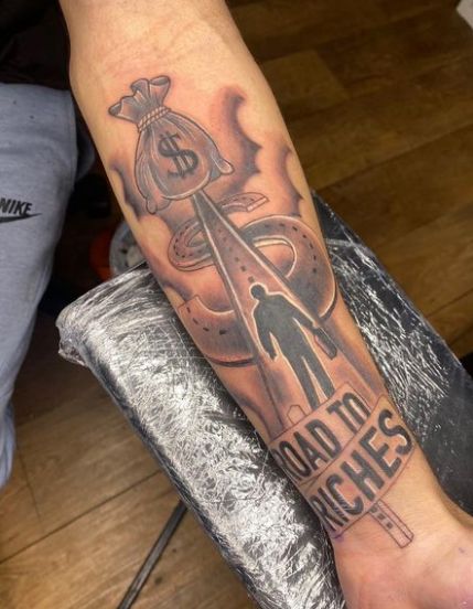 Road To Riches Money Tattoo Money Tattoo Forearm, Road To Success Tattoo, Roads To Riches Tattoo, Road To Riches Tattoo Design, Road To Riches Tattoo Stencil, Money Tatoos Ideas, Rags To Riches Tattoo, Rich Tattoo Ideas, Pathway Tattoo