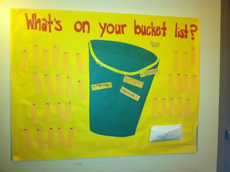 Bucket List interactive bulletin board... Can't wait to see everyone's answers! Interactive Staff Bulletin Board Ideas, Interactive Work Bulletin Board, Interactive Hallway Bulletin Boards, Interactive School Bulletin Boards, Staff Interactive Bulletin Board, Fun Bulletin Board Ideas Offices, Interactive Staff Bulletin Boards, Breakroom Bulletin Board Ideas, Staff Wellbeing Board