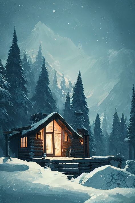 Cozy Winter Cabin in Forest. Snowy mountains in the distance. This is perfect gift for someone who loves camping, hiking, outdoors or nature. This art design is available on multiple products, for example postcards, posters, mugs, phone cases. Check the link! House On Snowy Mountain, Snow Cabin Painting, Winter Theme Drawings, Snowy Cabin Wallpaper, Snowy Cabin In The Woods Aesthetic, Cozy Winter Illustration Art, Cozy Winter Painting, Snowy Cabin Drawing, Cabin In The Woods Illustration