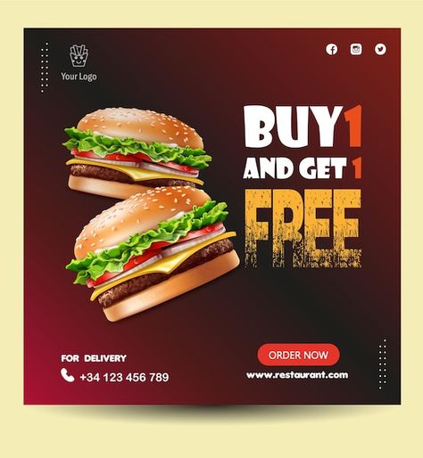 Vector buy 1 and get 1 free burger flyer... | Premium Vector #Freepik #vector #burger #burger-fast-food #hamburger-fast-food #hamburger Burger Flyer, Red Burger, Tarpaulin Design, Food Hamburger, Pizza Burgers, Free Stories, Delicious Burgers, Food Snapchat, Billiards