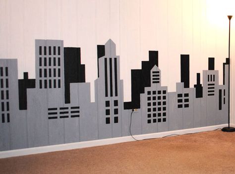 Painting a Skyline Wall Mural Spiderman Wall Mural, Diy City Skyline Wall, House Paint Design, Spiderman Bedroom, Skyline Mural, Avengers Room, Spiderman Room, Travel Themed Room, Dj Room