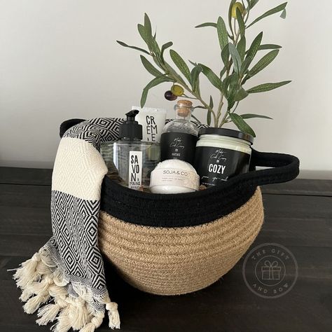 Cozy | Black and White White Gift Basket Ideas, White Gift Basket, Black Basket, Gift Basket Ideas, Welcome Gifts, Basket Ideas, White Gifts, Black Gift, Gift Basket