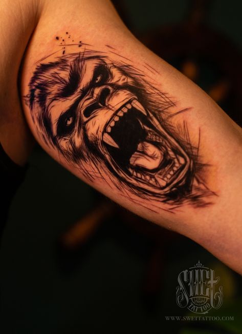 This design symbolizes masculinity, strength, and leadership. The bold gorilla motif stands out with its intricate details, capturing attention with its muscular build and intense gaze. Our studio offers a unique gorilla arm tattoo for men looking to make a powerful statement and showcase their individuality. Visit us to explore this design and stand out. Gorilla tattoo sketched jerky style animal manly idea Mens Animal Tattoo Sleeve, Sketch Style Tattoos Men, Silver Back Gorilla Tattoo Design, Animal Sleeve Tattoo Men, Gorila Tattoos, Power Tattoo For Men, Unique Men Tattoos, Gorilla Back Tattoo, Mens Arm Sleeve Tattoos Ideas Unique