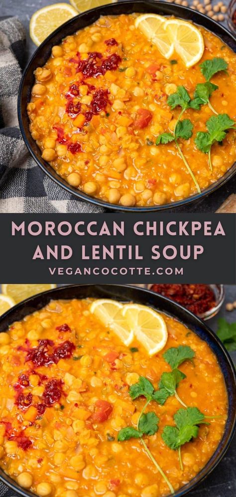 Morrocan Soup Recipes, Lentil Chickpea Stew, Lentil Chickpea Soup, Moroccan Red Lentil Soup, Moroccan Soup Recipes, Fall Lentil Recipes, Chicken Lentil Recipes, Vegetarian Chilli Con Carne, Lentil And Chickpea Soup