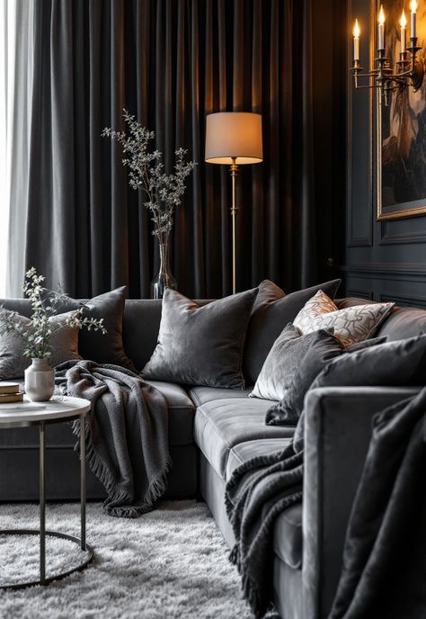 Dark Grey Couch Living Room Ideas Cosy Living Room Dark Grey Sofa, Dark Grey Couch Boho Living Room, Grey Velvet Couch Living Room, Dark Gray Sofa Living Room Color Schemes, Charcoal Gray Couch Living Room, Living Room With Dark Grey Couch, Dark Gray Couches, Dark Grey Couch Living Room Ideas, Charcoal Couch Living Room