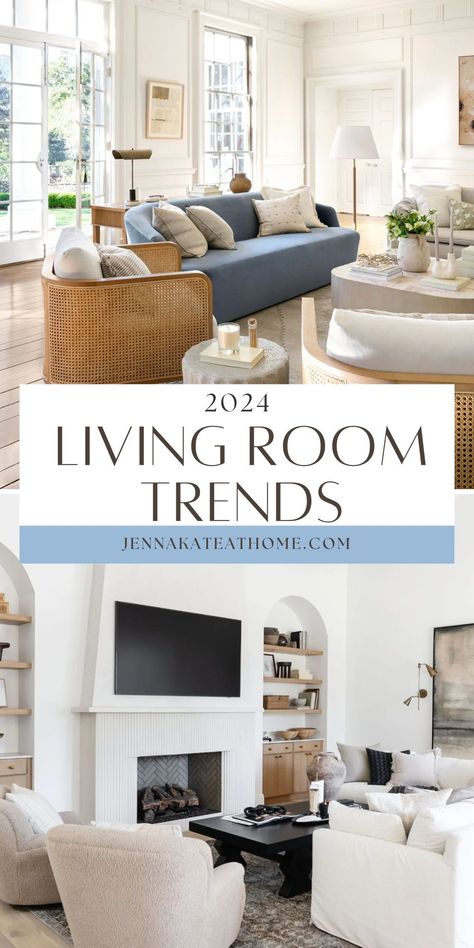 Stunning living room decorating trends for 2024. Trends include organic modern touches, coastal living room style, transitional living rooms and designer inspiration. Leather And Fabric Couch Living Room, Family Room Navy Sofa, Family Room With Blue Accents, Living Room With Chairs Only Furniture, Two Facing Sofas Living Room, Mix Matched Sofas In Living Room, Living Room Sets Furniture Open Concept, Traditional Home Family Room, Minimal Transitional Living Room