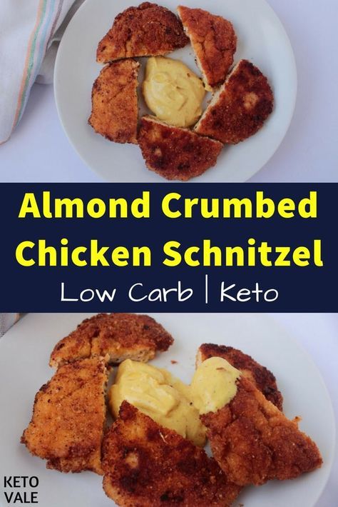 Keto Almond Flour Crumbed Chicken Schnitzel Low Carb Recipe via @ketovale Crumbed Chicken, Chicken Schnitzel, Low Carb Recipe, Keto Chicken, Low Carb Chicken, Keto Dinner, Low Carb Keto, Almond Flour, Low Carb Recipes