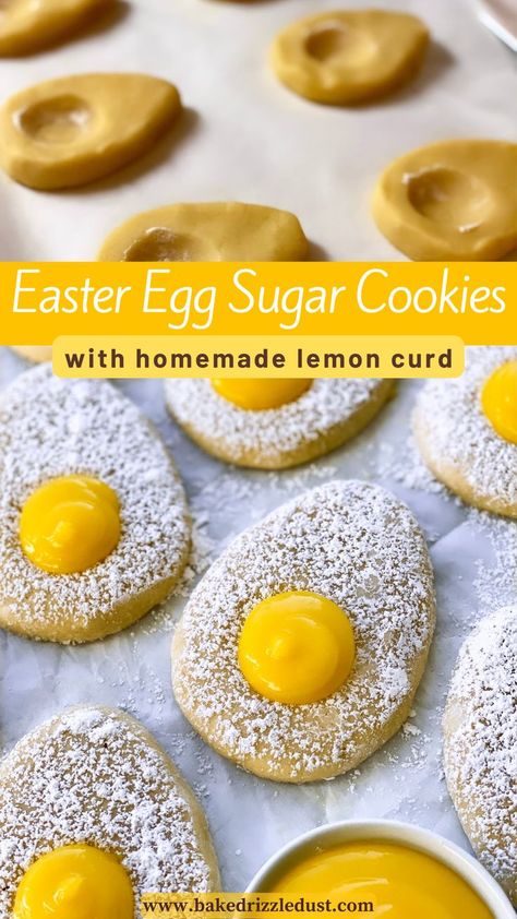 Egg shaped sugar cookies dusted with powdered sugar with a small dollop of homemade lemon curd filled into the bottom to look like a yolk Easter Cookie Ideas, Lemon Curd Cupcakes, Easter Egg Sugar Cookies, Desserts Homemade, Homemade Lemon Curd, Easter Egg Cookies, Lemon Curd Recipe, Lemon Curd Filling, Easter Cookie