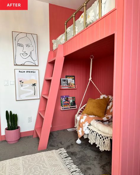 Loft Bed Nook Ideas, Loft Bed Library, Kids Bedroom Sloped Ceiling, Adult Loft Bed With Closet, Loft Bed Styling, High Loft Bed Ideas, Loft Bed Ladder Ideas, Lift Bed Ideas, Built In Loft Beds For Kids