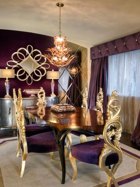 Contemporary Dining Rooms from Joseph Pubillones : Designers' Portfolio 2407 : Home & Garden Television Purple Dining Room, Hiasan Dalaman Rumah, Reka Bentuk Dalaman, Gold Dining Room, Deco Baroque, Transitional Interior Design, Los Angeles Interior Design, Gold Living, Set Meja Makan