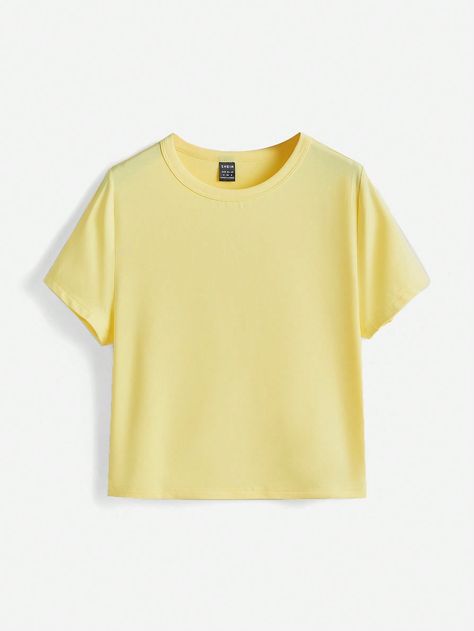 Solid Form Fitted Tee Yellow Casual  Short Sleeve Fabric Plain  Medium Stretch Spring/Summer Women Clothing, size features are:Bust: ,Length: ,Sleeve Length: Light Yellow Shirt, Color Amarillo Pastel, Adidas Outfits, Yellow Tshirt, Shein Basics, White Fashion Casual, Popsicle Recipes, Yellow Shirt, Yellow T Shirt