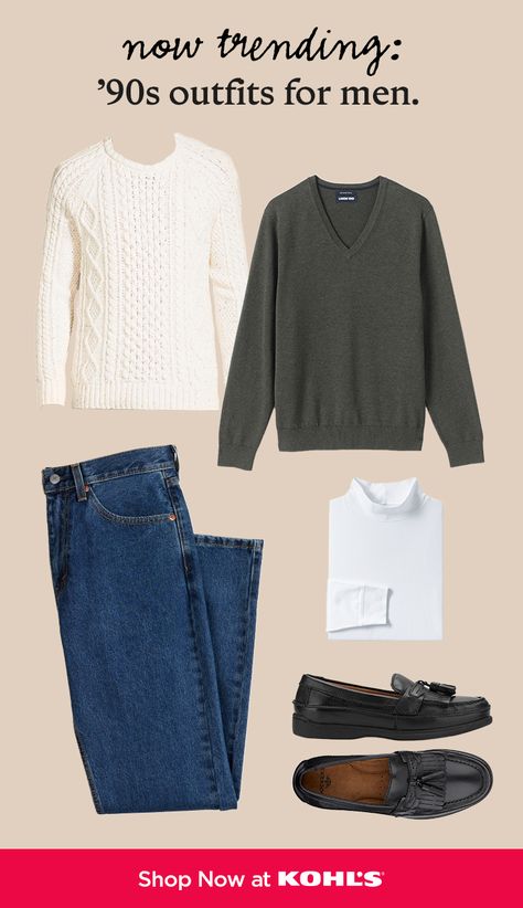 The secret to mastering ’90s men’s fashion? Texture, throwback styles and, of course, turtlenecks. Find casual-yet-stylish ’90s outfits and more at Kohl’s and Kohls.com. Best Mens Boots With Jeans, Dark Acedemia Guy Outfits, 90s Fashion For Men, Men's Affordable Crew Neck Sweater, Cheap Vintage Men's Flannel Shirt, Wealthy Lifestyle Luxury, Cheap Vintage Plaid Flannel Shirt, Neutral Color Outfits, Plain White T Shirt